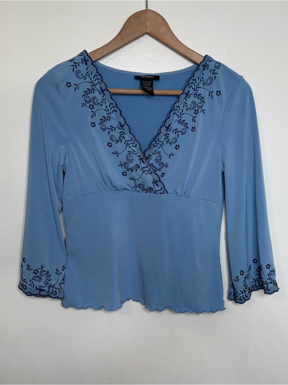Vintage Y2K Express Blue Embroidered Babydoll Top M - Picture 11 of 11